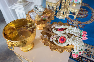 Bless water, garland, Conch shell and accessory object for Thai wedding ceremony. select focus