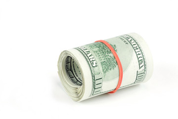roll of hundred USA dollar bills with red rubber