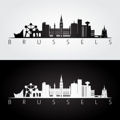 Brussel skyline and landmarks silhouette, black and white design. © greens87