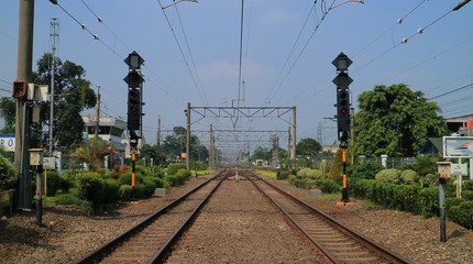 Fototapeta na wymiar Railway track or railway line in big station.