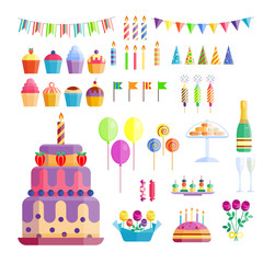 Party icons celebration happy birthday surprise decoration cocktail event anniversary vector.