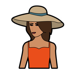 pretty happy woman wearing big sun hat icon image vector illustration design 