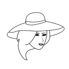 pretty happy woman wearing big sun hat icon image vector illustration design  single black line