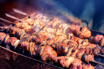 Cooking concept: Picnic meat concept: Appetizing pieces of pickled meat, onions and vegetables are strung on skewers and are cooked on charcoal grills in aromatic hot smoke. Closeup