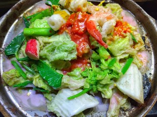 Hot plate sukiyaki with mixed seafood in Thailand