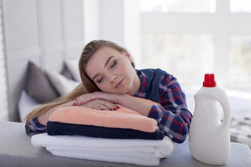  Young woman  sleep on towels