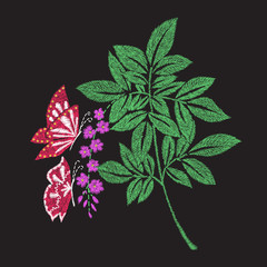 red butterflies, pink flower and green leaf embroidery artwork design for clothing, isolated plant vector - 151708788