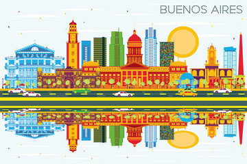 Buenos Aires Skyline with Color Landmarks, Blue Sky and Reflections.