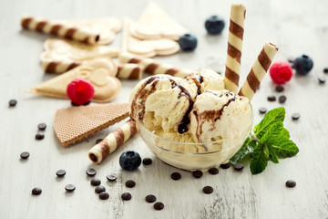 Ice cream with waffles, summer dessert, sweet food