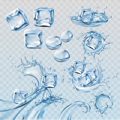Set vector illustrations water splashes and flows, streams with cubes of melting ice. Design elements