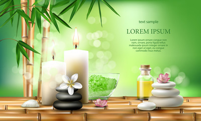 Vector illustration of a realistic style, set for spa treatments with aromatic salt, massage oil, candles on the background of bamboo shoots. Excellent green advertising poster for the spa salon.