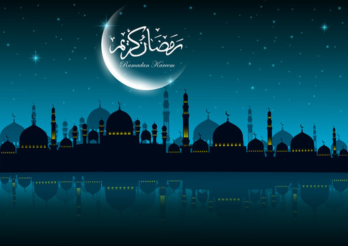 Ramadan Kareem greeting card with mosque and night sky. Moon and stars. Vector illustration. 