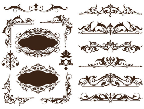 Vintage ornaments design elements floral curlicues white background curbs frame corners stickers. Borders, monograms and dividers patterns on a white background