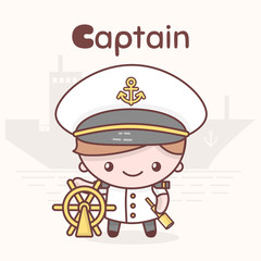 Cute chibi kawaii characters. Alphabet professions. Letter C - Captain