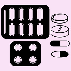 set pills tablets close-up vector silhouette isolated