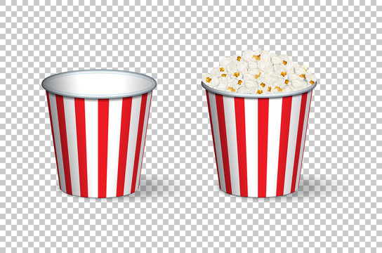 Empty and full popcorn buckets isolated on transparent background. Vector illustration.