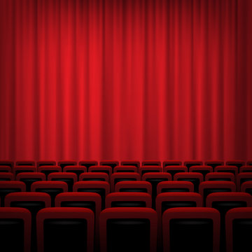 Movie theatre background with red curtains and chairs. Vector illustration.