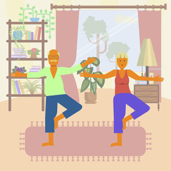 Elderly people doing exercises. Healthy active lifestyle retiree. Sport for grandparents, elder fitness, yoga for Seniors isolated on white background. Vector illustration eps10