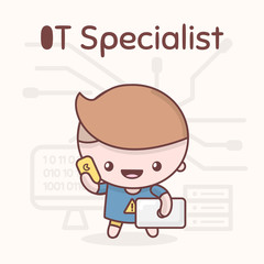 Cute chibi kawaii characters. Alphabet professions. Letter I - IT-Specialist