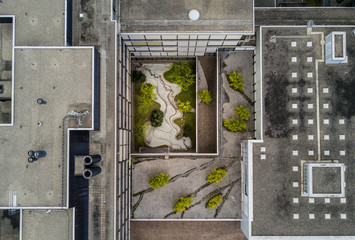 Aerial view of university buildings