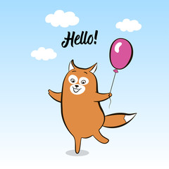 Greeting card smiling animal dancing against the sky with the inscription hello. Cartoon happy fox with balloon, hand drawing. Vector illustration