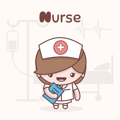 Cute chibi kawaii characters. Alphabet professions. Letter N - Nurse.