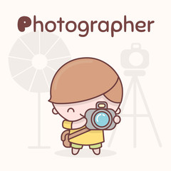 Cute chibi kawaii characters. Alphabet professions. Letter P - Photographer