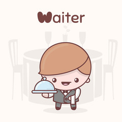 Cute chibi kawaii characters. Alphabet professions. Letter W - Waiter.