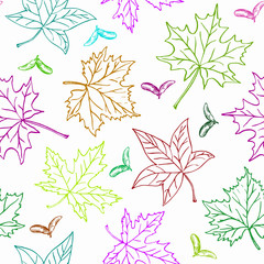 Maples colorful leaves and samaras, seamless pattern design, hand drawn doodle in white background, sketch in pop art style, color illustration