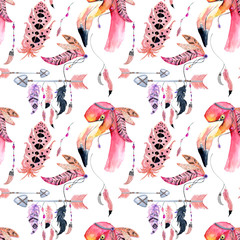 Watercolor flamingo seamless pattern isolated on the white background