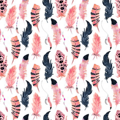 Watercolor flamingo feathers  seamless pattern isolated on the white background