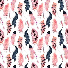 Gordijnen Aquarel flamingo veren naadloze patroon geïsoleerd op de witte achtergrond © EvgeniiasArt