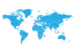 World map in blue color on white background. High detail blank political map. Vector illustration with labeled compound path of each country.
