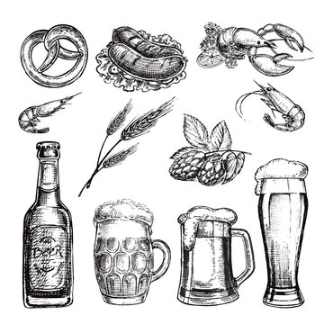 hand drawn sketch illustration set beer