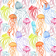 Fototapeta premium Watercolor vector jellyfish pattern