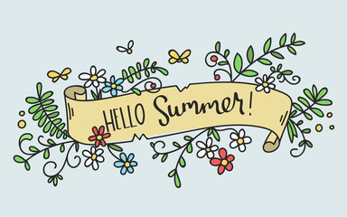 Pretty hand-drawn floral banner -Hello Summer-