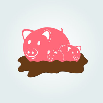 Mother pig with little pigs in a puddle