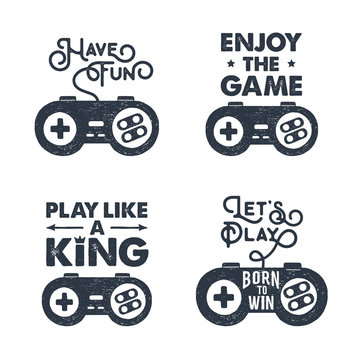 Hand drawn 90s themed set of badges with gamepad vector illustration and inspirational lettering.
