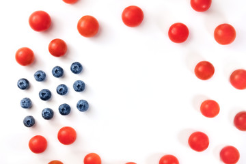 Culinary still life in colors of American flag, on white
