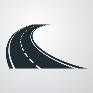 Icono plano carretera curva en perspectiva en fondo degradado