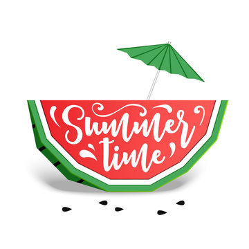 Paper art style colorful watermelon vector illustration and "Summer time" inspirational lettering.