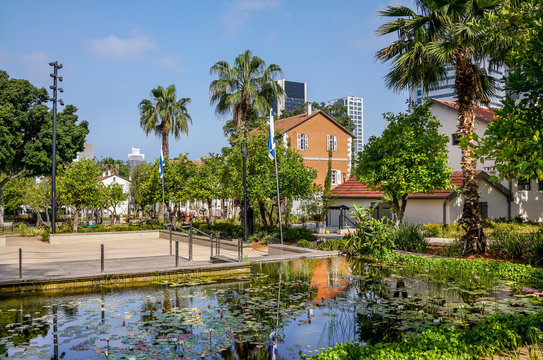 Scenery of Sarona market in Tel Aviv, Israel. Sarona market is based in the former German Templer district of Tel Aviv.
