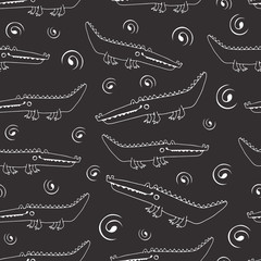 Black and white seamless pattern with crocodiles