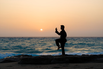 Man performs tai chi moves silhouetted - obrazy, fototapety, plakaty