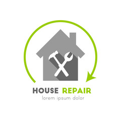 House repair logo with hammer and wrench icon as work tool symbols