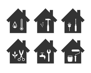 House icons with work tools inside