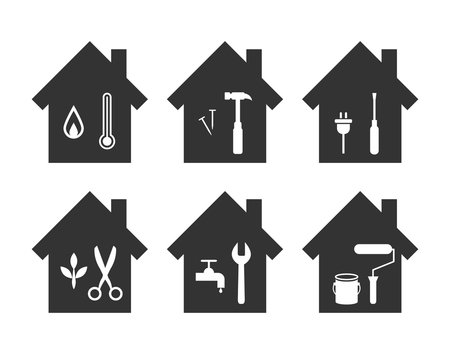 House icons with work tools inside