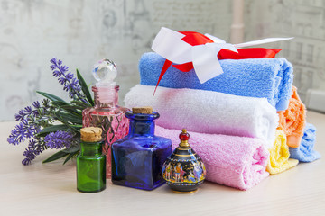 Care of a body in Spa. Cosmetics in vintage bottles