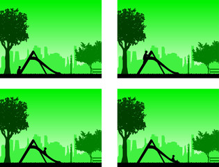A boy plays on a slide park in different poses, one in the series of similar images silhouette