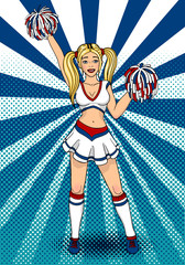 Cheerleader girl with pompoms.High school cheerleading costume. Energy dance fan pop art. Vector illustration in comic style.